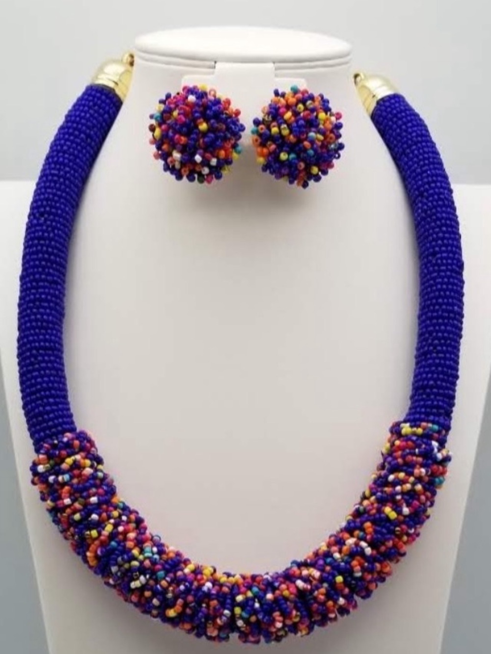 Blue Beaded Statement Necklace and Earrings Set